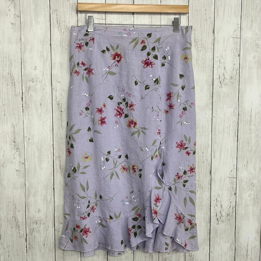 Two Star Dog Purple 100% Linen Floral Midi Skirt Medium Made in USA Cottagecore